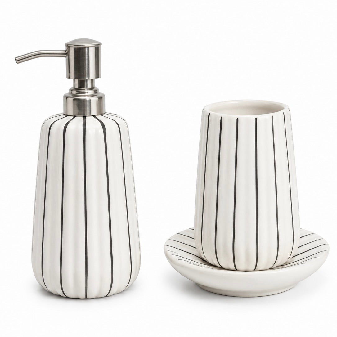 White Stripe Ceramic Bathroom Accessory Set