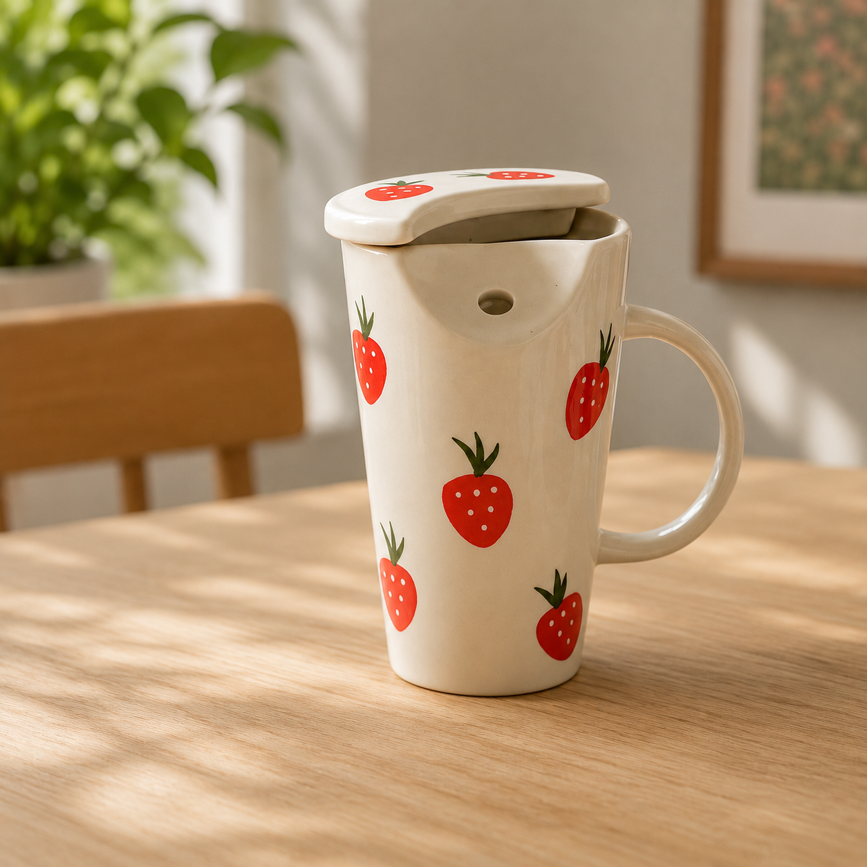 Strawberry Ceramic Tumbler with Straw and Lid