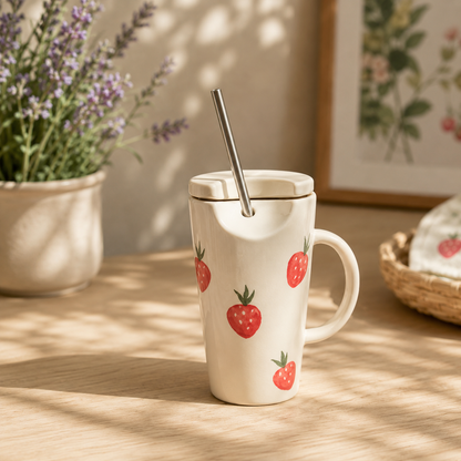 Strawberry Ceramic Tumbler with Straw and Lid