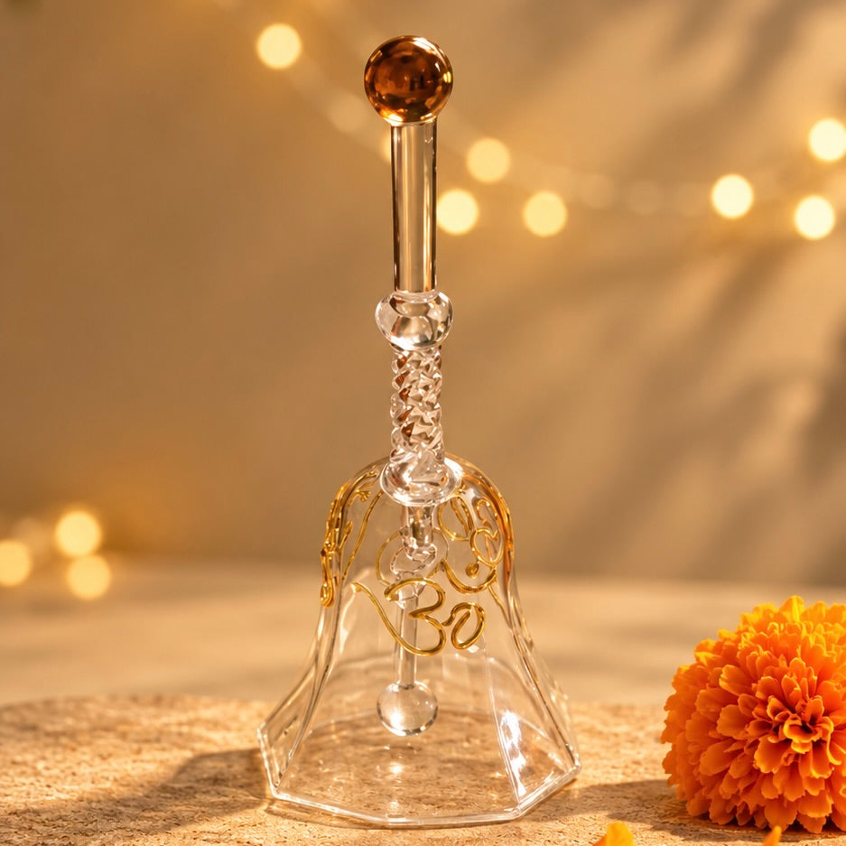 Diwali Pooja Glass Set - Diya & Bell Festive Decor Set