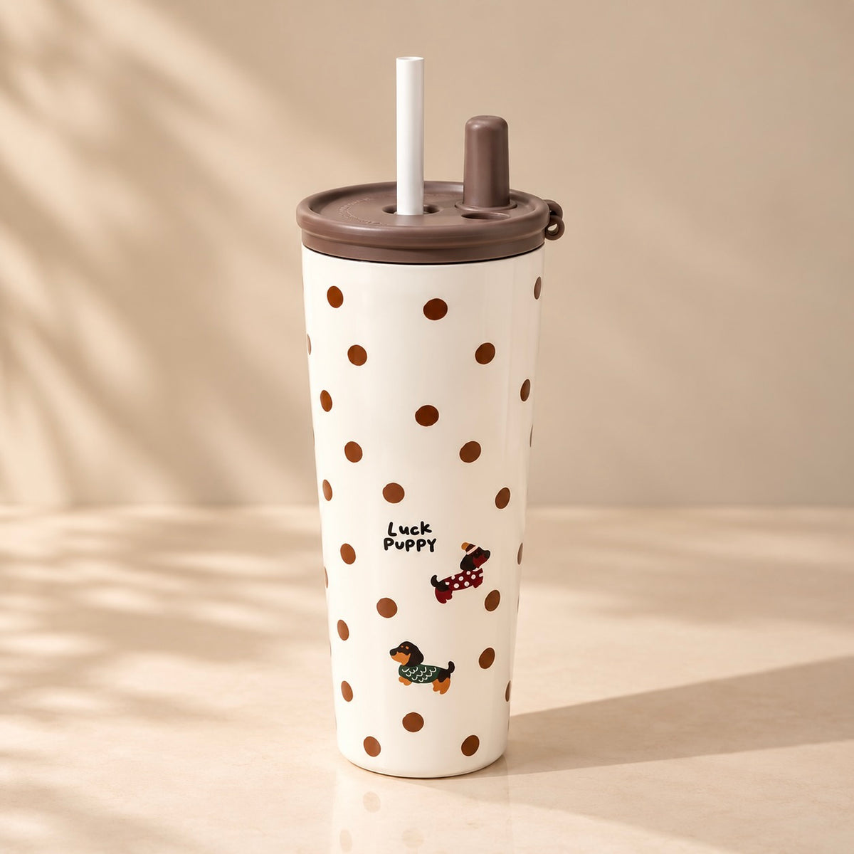 Cute Puppy Polka Dot Vacuum Insulated Tumbler with Straw & Strap - 600ml