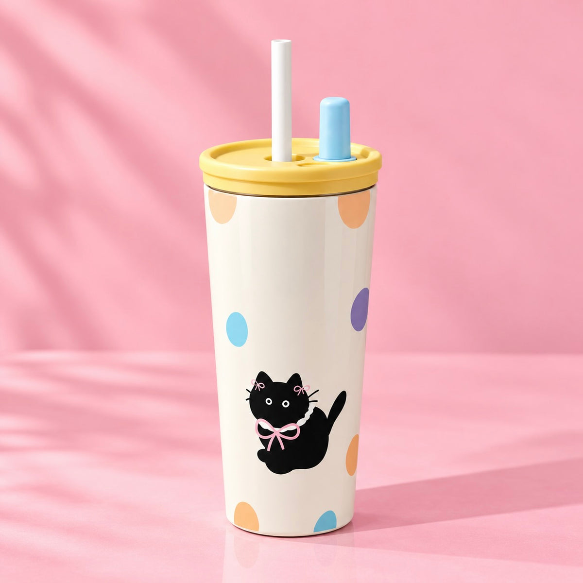 Cute Black Cat Vacuum Insulated Tumbler with Straw & Strap - 600ml