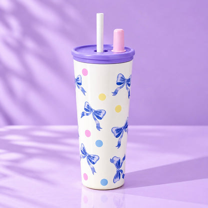 Violet Bow Vacuum Insulated Tumbler with Straw & Strap - 600ml
