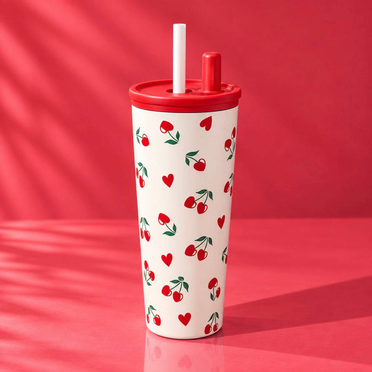 Cherry Love Vacuum Insulated Tumbler with Straw & Strap - 600ml