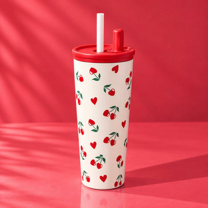 Cherry Love Vacuum Insulated Tumbler with Straw & Strap - 600ml