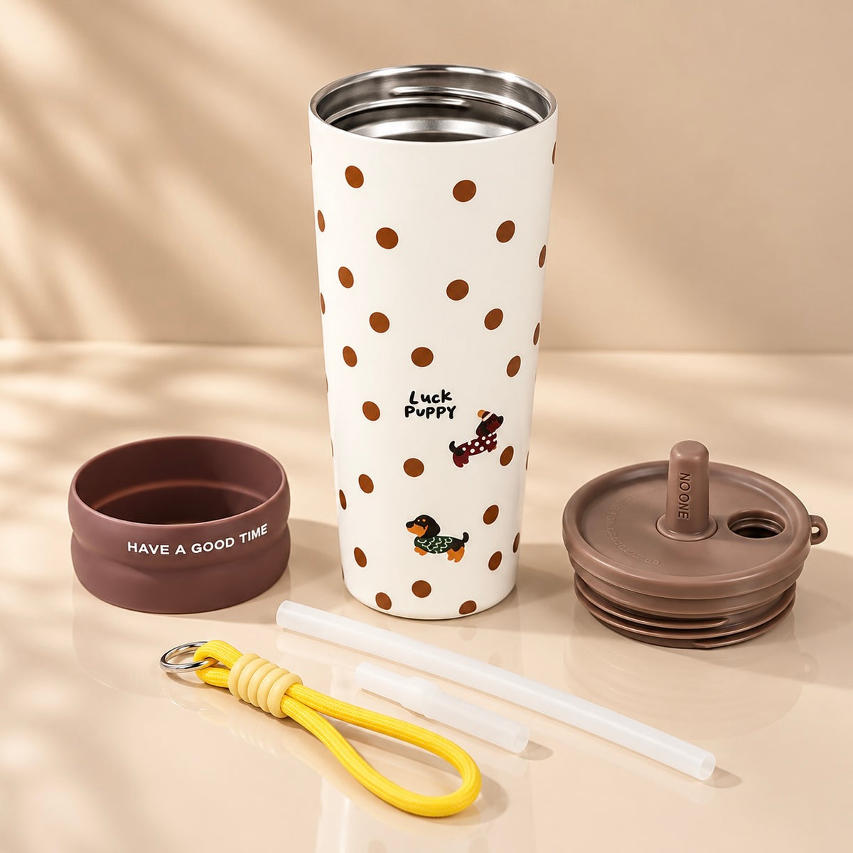 Cute Puppy Polka Dot Vacuum Insulated Tumbler with Straw & Strap - 600ml