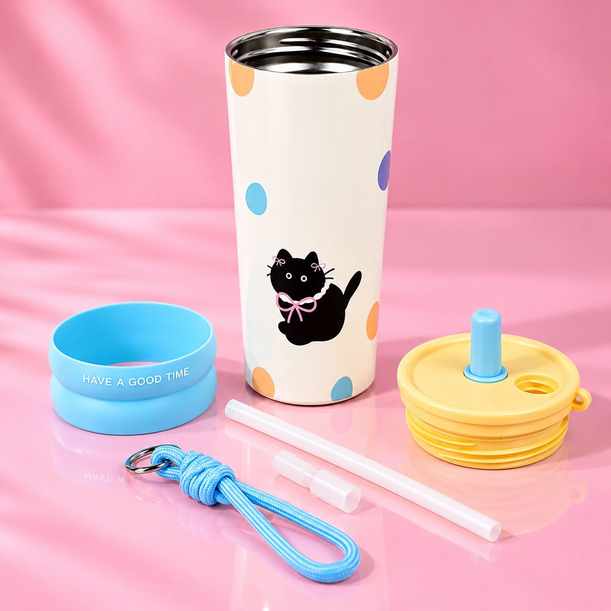 Cute Black Cat Vacuum Insulated Tumbler with Straw & Strap - 600ml