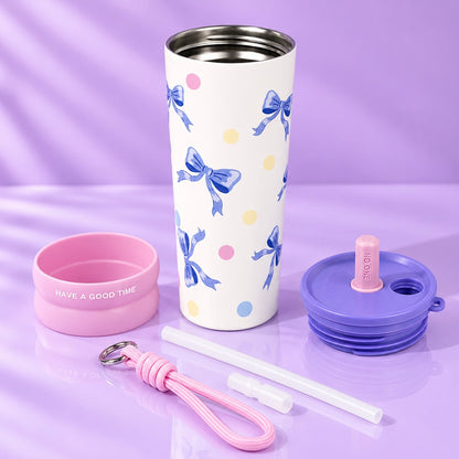 Violet Bow Vacuum Insulated Tumbler with Straw & Strap - 600ml
