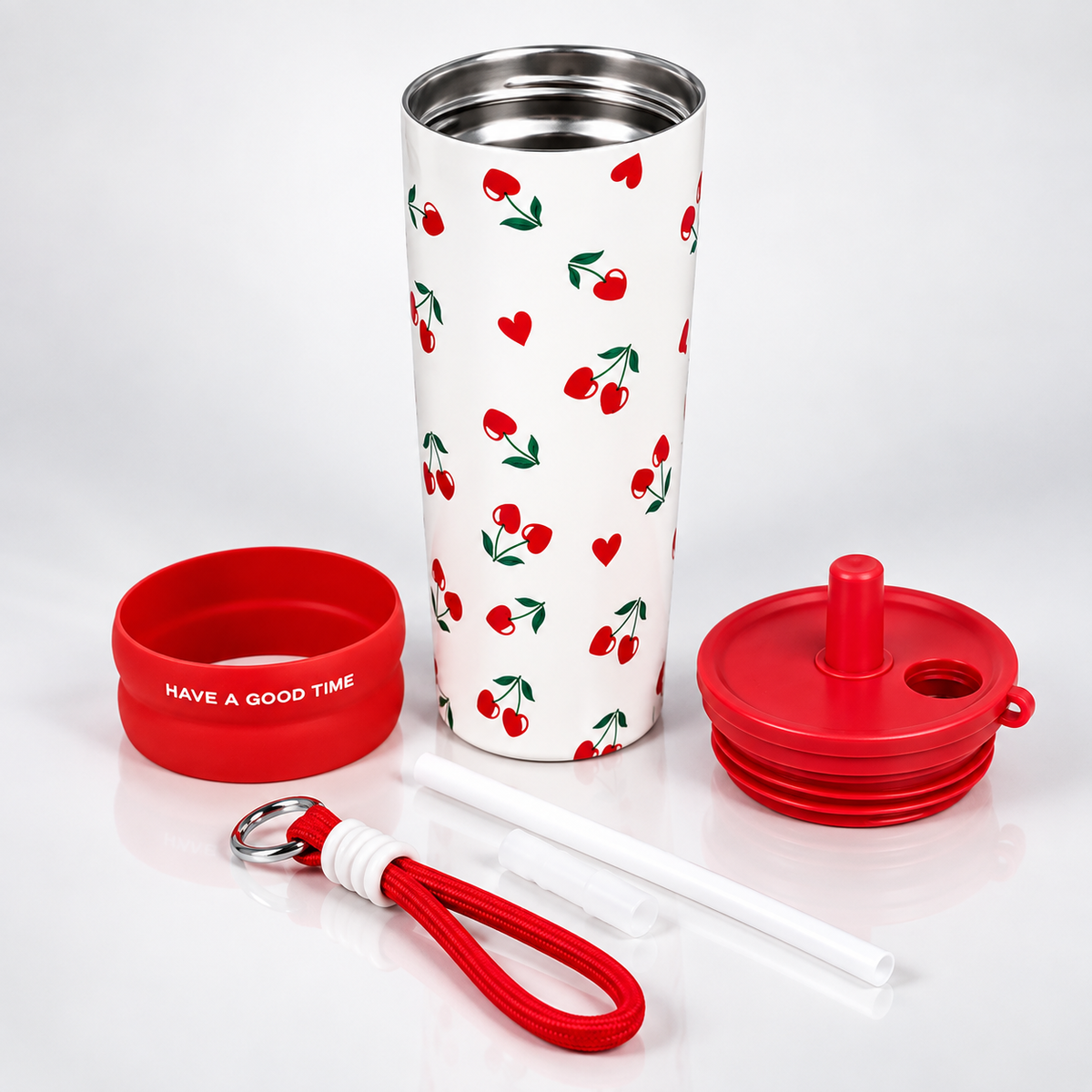 Cherry Love Vacuum Insulated Tumbler with Straw & Strap - 600ml