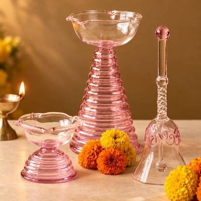 Diwali Pooja Glass Set - Diya & Bell Festive Decor Set