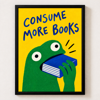 Consume More Books Framed Wall Art – Funny Frog Illustration Print