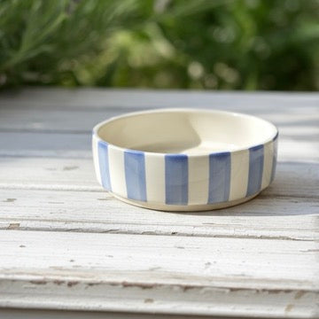 Ceramic bowl with blue and white stripes on a wooden surface with greenery in the background