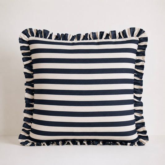 Black Striped Cushion Cover with Ruffle Edge