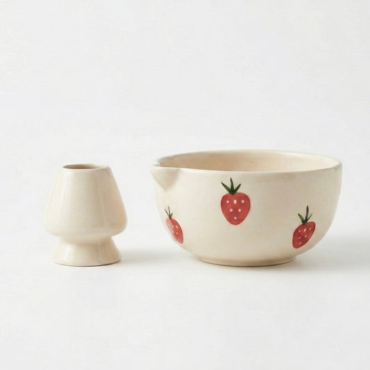 Aesthetic Strawberry Matcha Set | White Ceramic Bowl & Whisk Holder