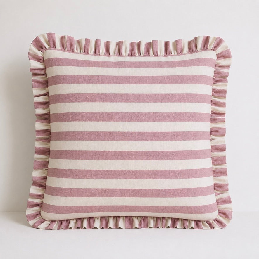 Mauve Pink Striped Cushion Cover with Ruffle Edge
