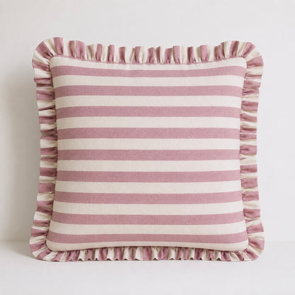 Mauve Pink Striped Cushion Cover with Ruffle Edge