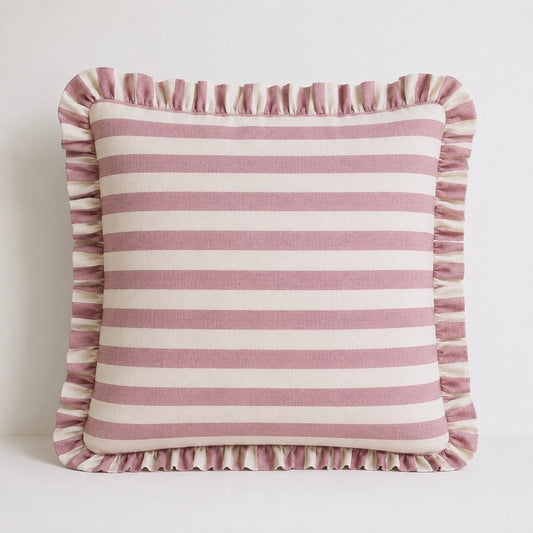 Mauve Pink Striped Cushion Cover with Ruffle Edge