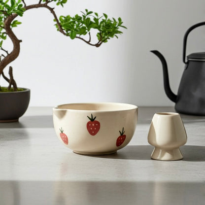 Aesthetic Strawberry Matcha Set | White Ceramic Bowl & Whisk Holder