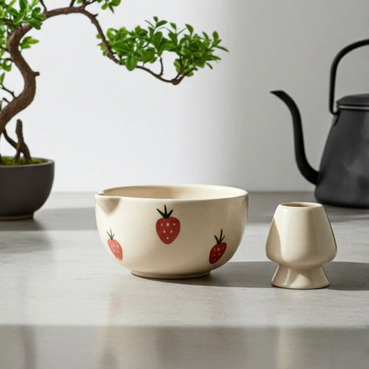 Aesthetic Strawberry Matcha Set | White Ceramic Bowl & Whisk Holder