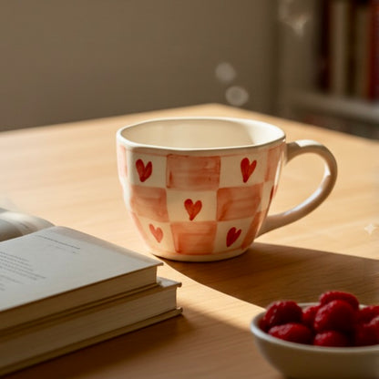 Red Checks Hearts Ceramic Mug