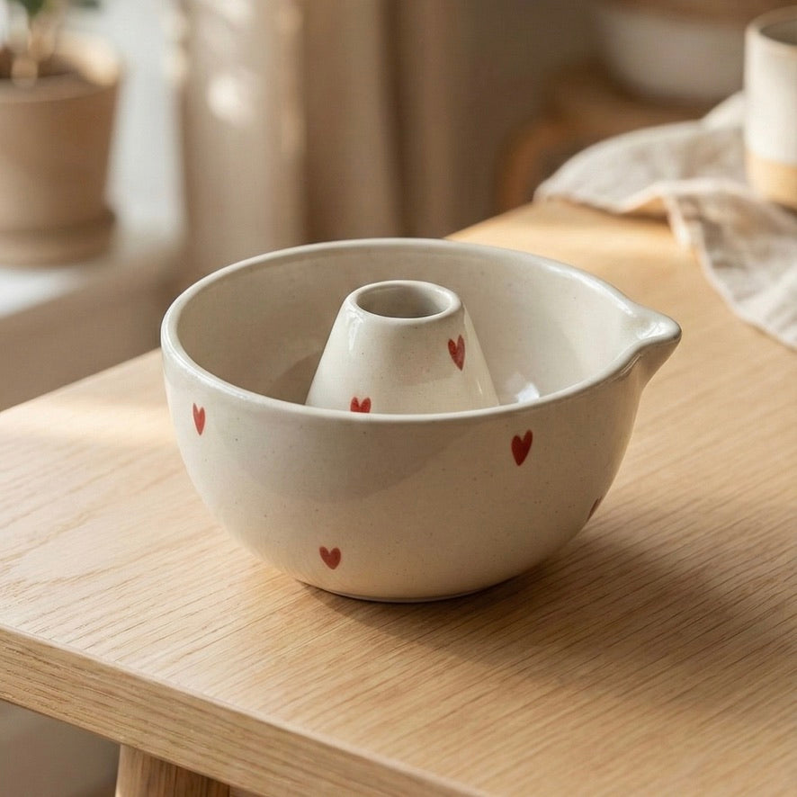 Little Red Hearts Matcha Set | Ceramic Bowl & Whisk Holder