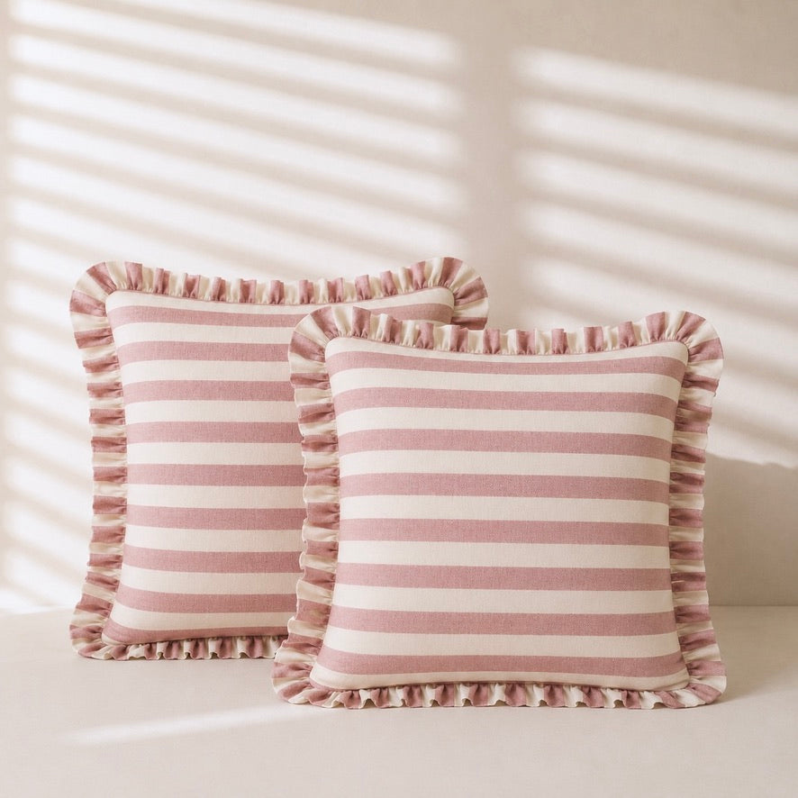 Mauve Pink Striped Cushion Cover with Ruffle Edge