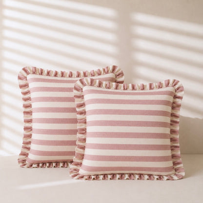 Mauve Pink Striped Cushion Cover with Ruffle Edge