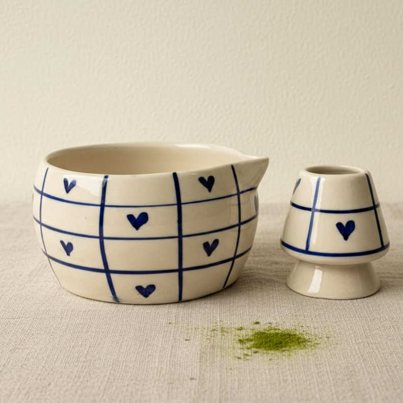 Blue checks matcha set combo with hearts