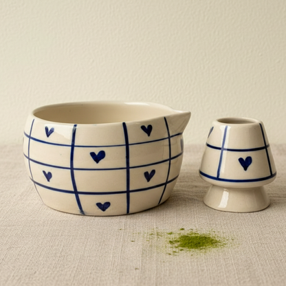Blue checks matcha set combo with hearts