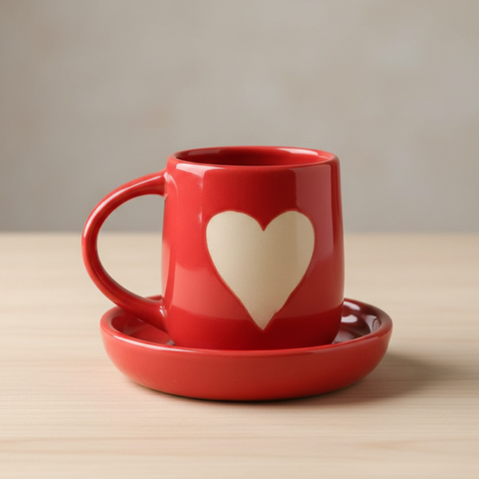 Red Big Heart Cup & Saucer Ceramic Set