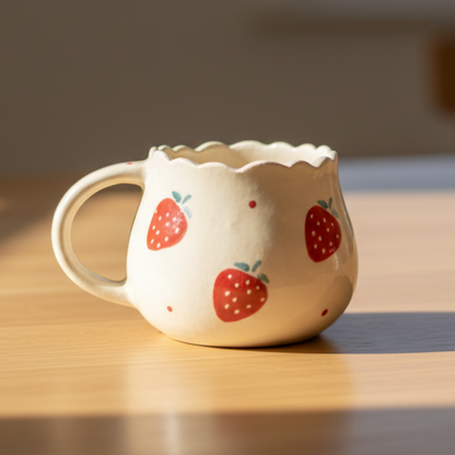 White ceramic mug with strawberry design on a wooden surface