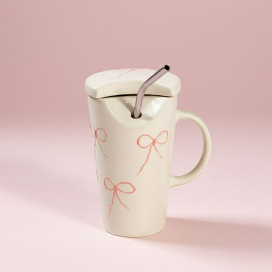 Minimal Pink Bow Tumbler with Straw and Lid
