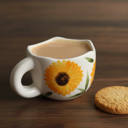 White mug with sunflower design filled with a creamy beverage on a wooden surface.