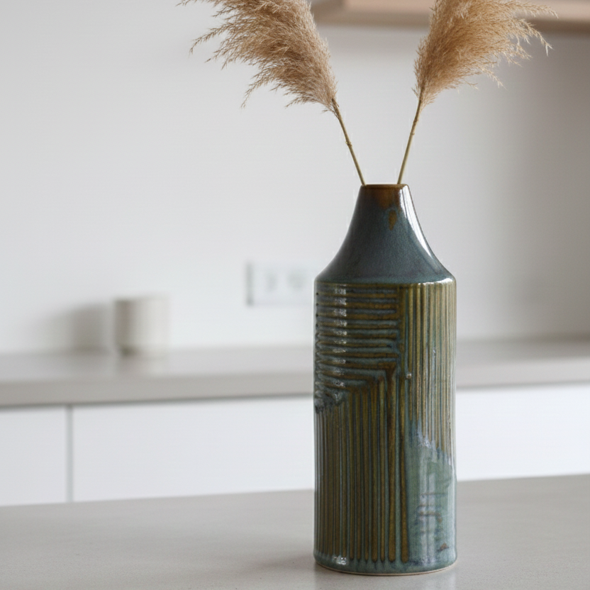Emerald Green and Gold Etched Ceramic Vase