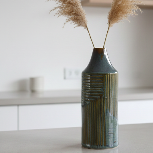 Emerald Green and Gold Etched Ceramic Vase