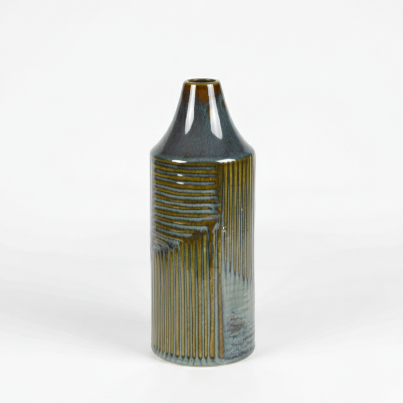 Emerald Green and Gold Etched Ceramic Vase