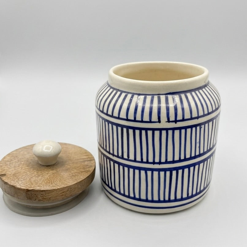 Blue Stripe Ceramic Storage Jar with Wooden Lid