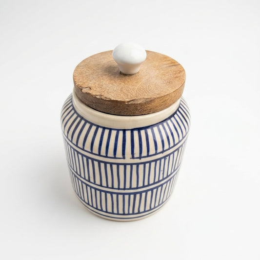 Blue Stripe Ceramic Storage Jar with Wooden Lid