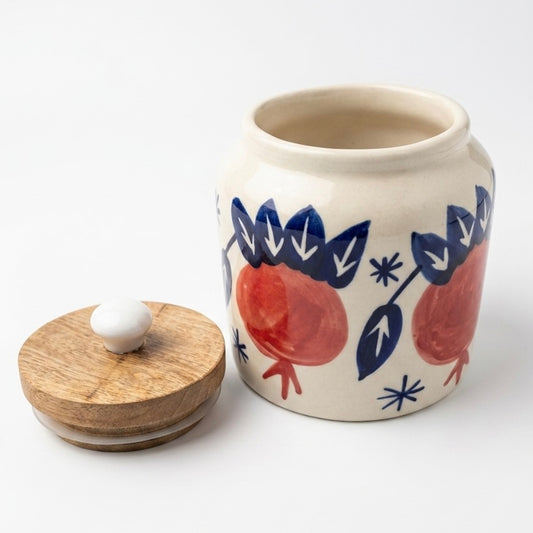 Pomegranate Ceramic Storage Jar with Wooden Lid