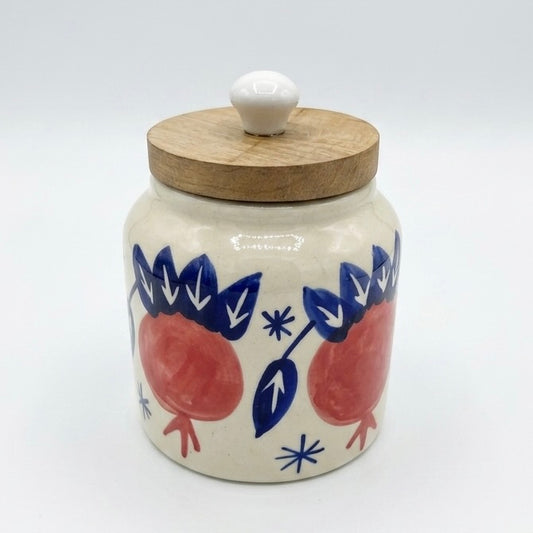 Pomegranate Ceramic Storage Jar with Wooden Lid