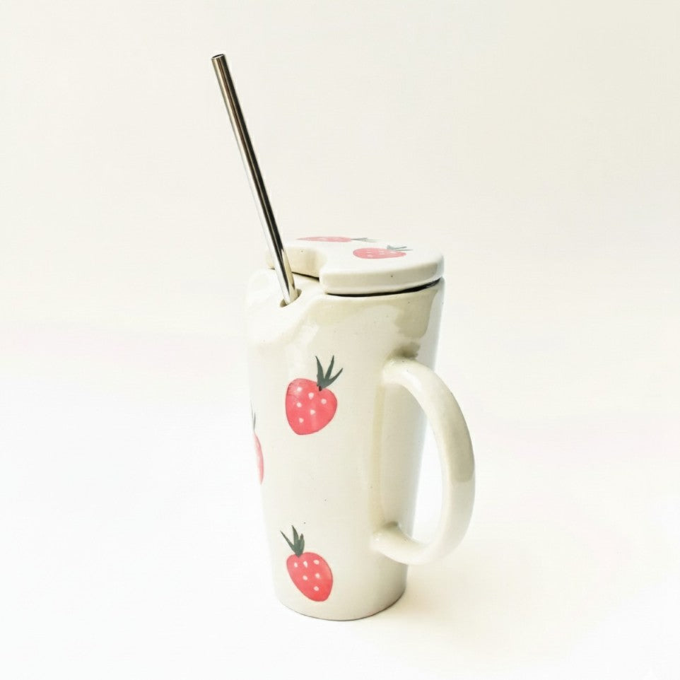 Strawberry Ceramic Tumbler with Straw and Lid