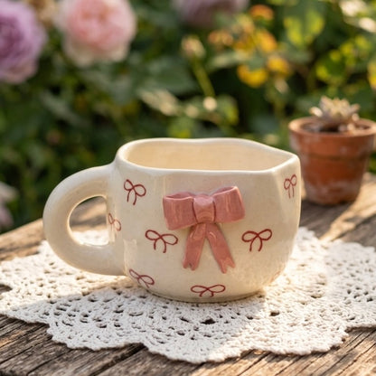 Ceramic mug with a pink bow design on a lace doily outdoors