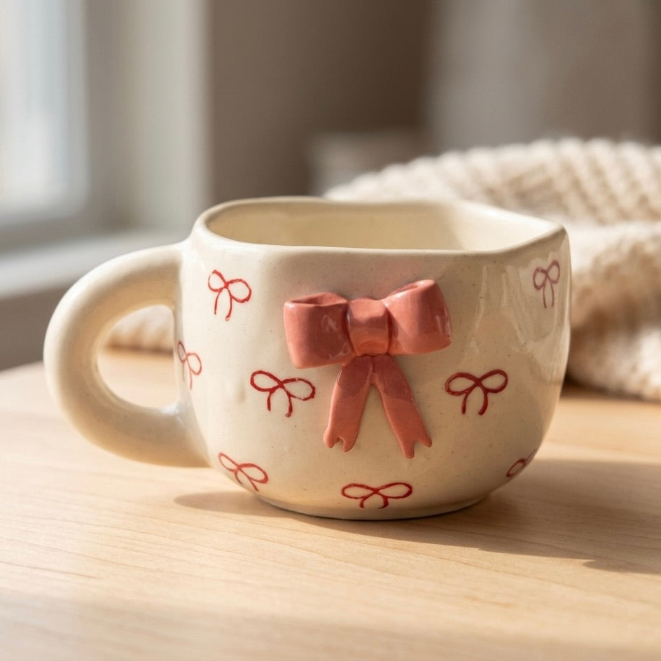 Ceramic mug with a pink bow and red bows on a wooden surface