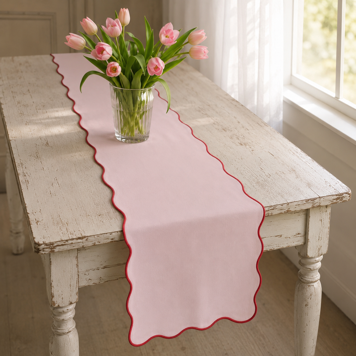 Blush Pink Scalloped Table Runner with Red Edge
