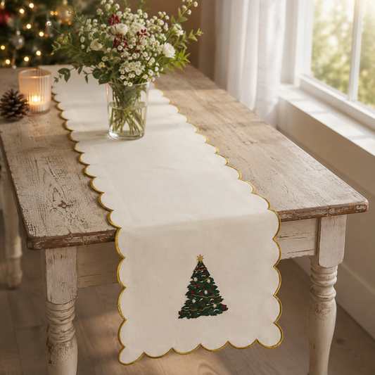 Ivory Christmas Tree Embroidered Table Runner with Gold Scalloped Edge