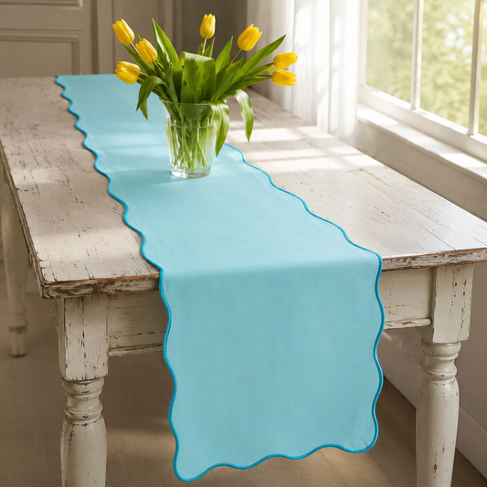 Aqua Turquoise Scalloped Table Runner with Tonal Piped Edge