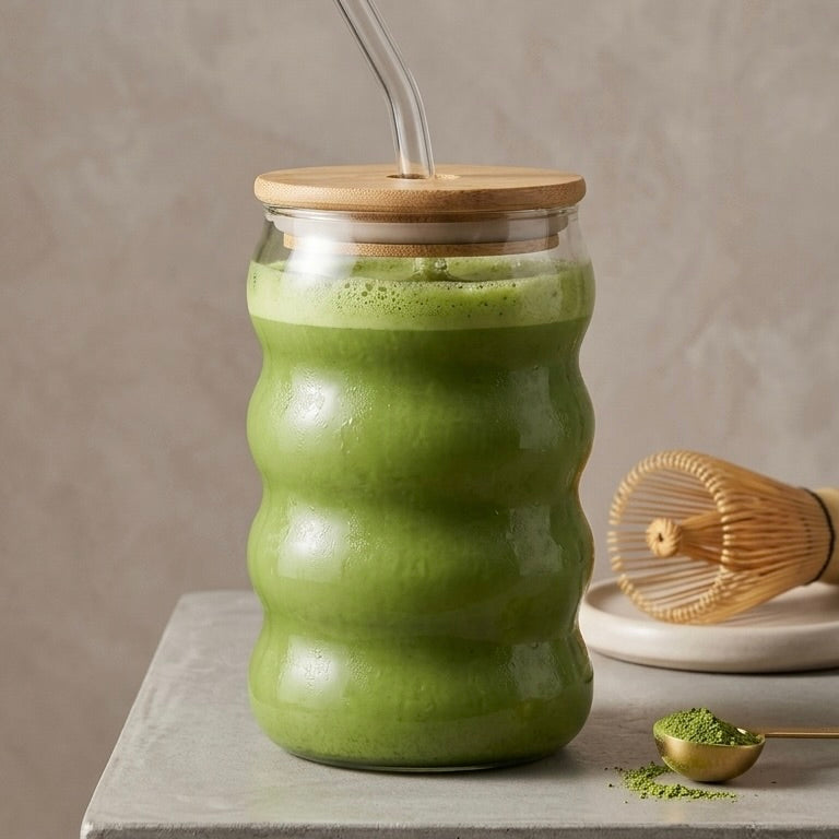 A green matcha drink in a wavy clear glass jar with a bamboo lid and metal straw, set on a gray surface with a bamboo whisk and matcha powder nearby against a neutral textured background.