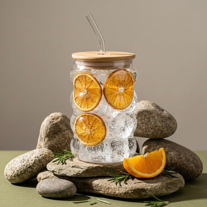 Bubble Glass Tumbler with Bamboo Lid & Straw