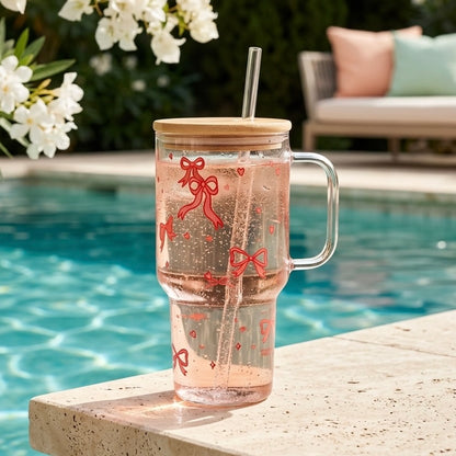 Cherry Bow Glass Tumbler with Bamboo Lid & Straw