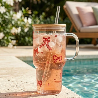 Cherry Bow Glass Tumbler with Bamboo Lid & Straw